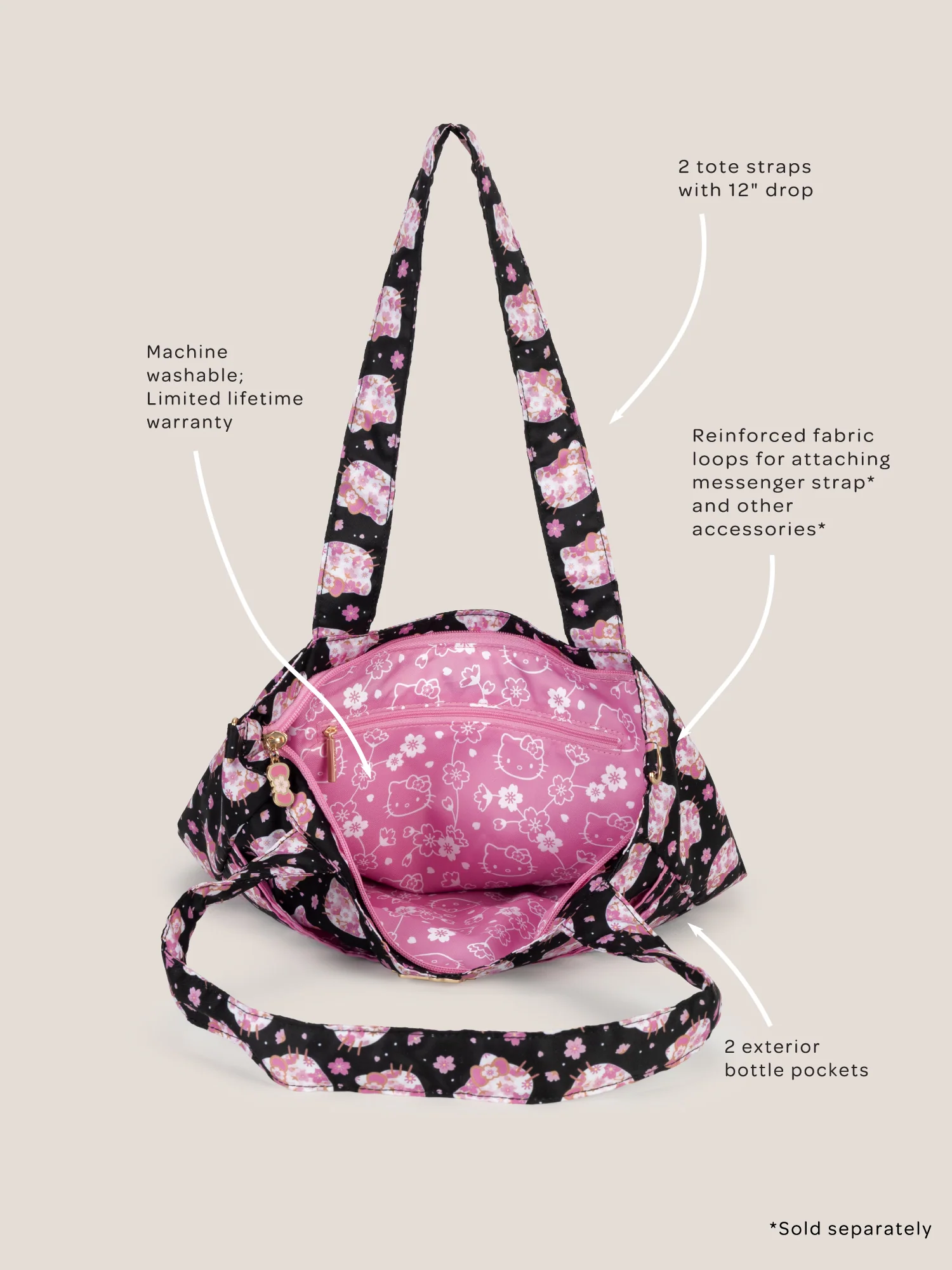 Hello Kitty® × JuJuBe Cherry Blossoms Be Light Diaper Bag Tote — Black and Pink - Image 8