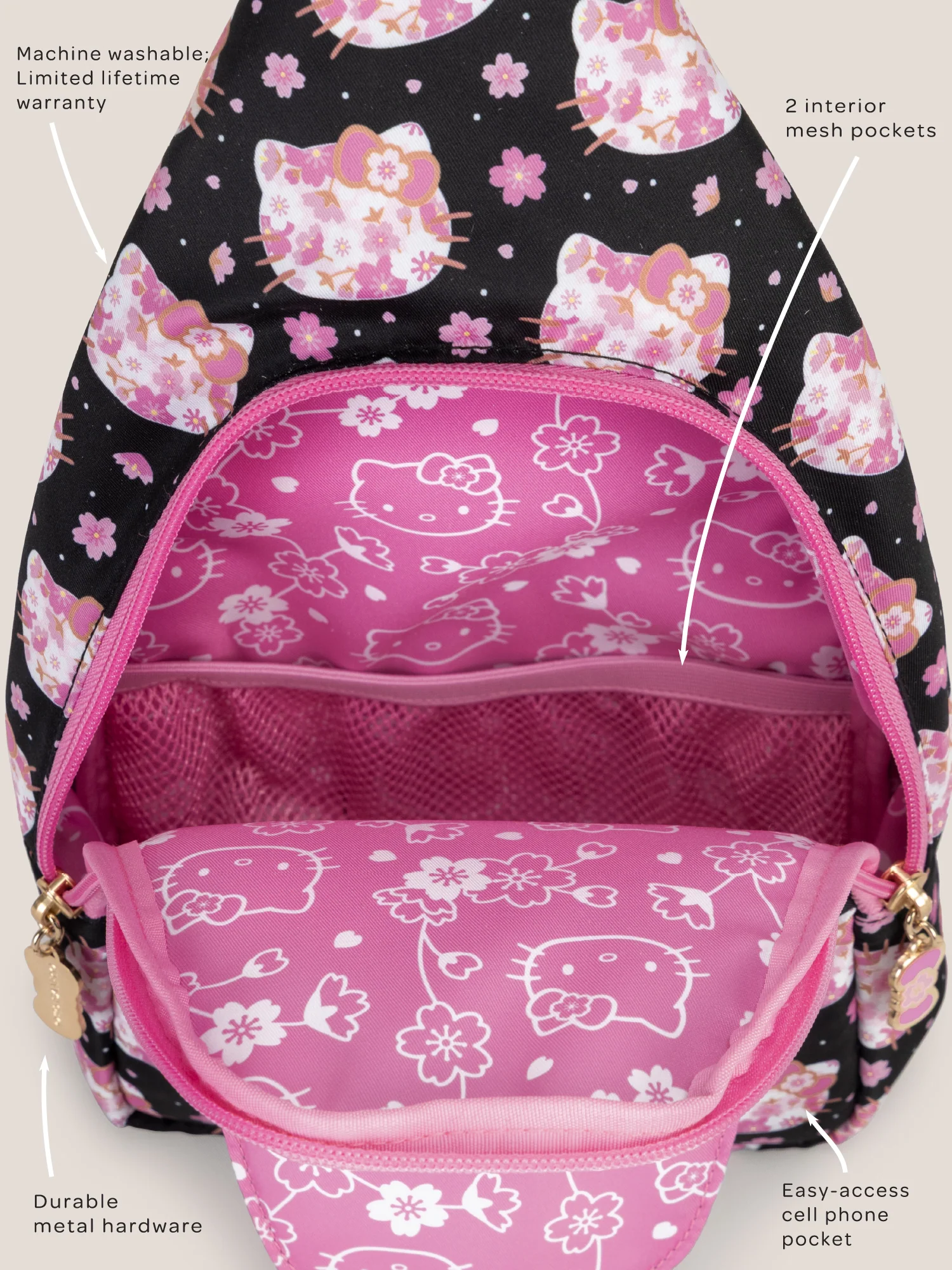Hello Kitty® × JuJuBe Cherry Blossoms Crossbody Sling Diaper Bag — Black and Pink - Image 7