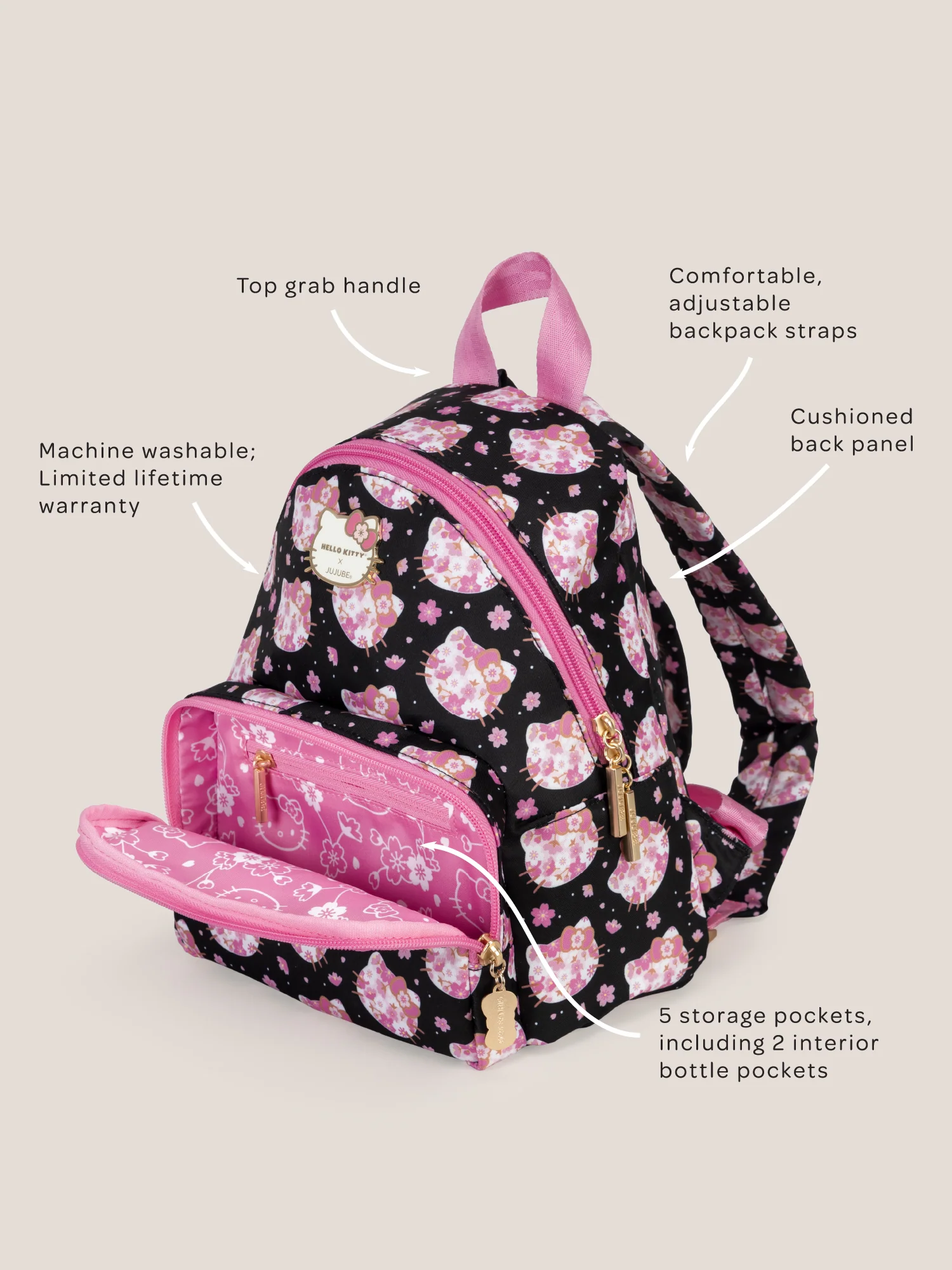 Hello Kitty® × JuJuBe Cherry Blossoms Everyday Mini Small Diaper Bag Backpack – Black and Pink - Image 6