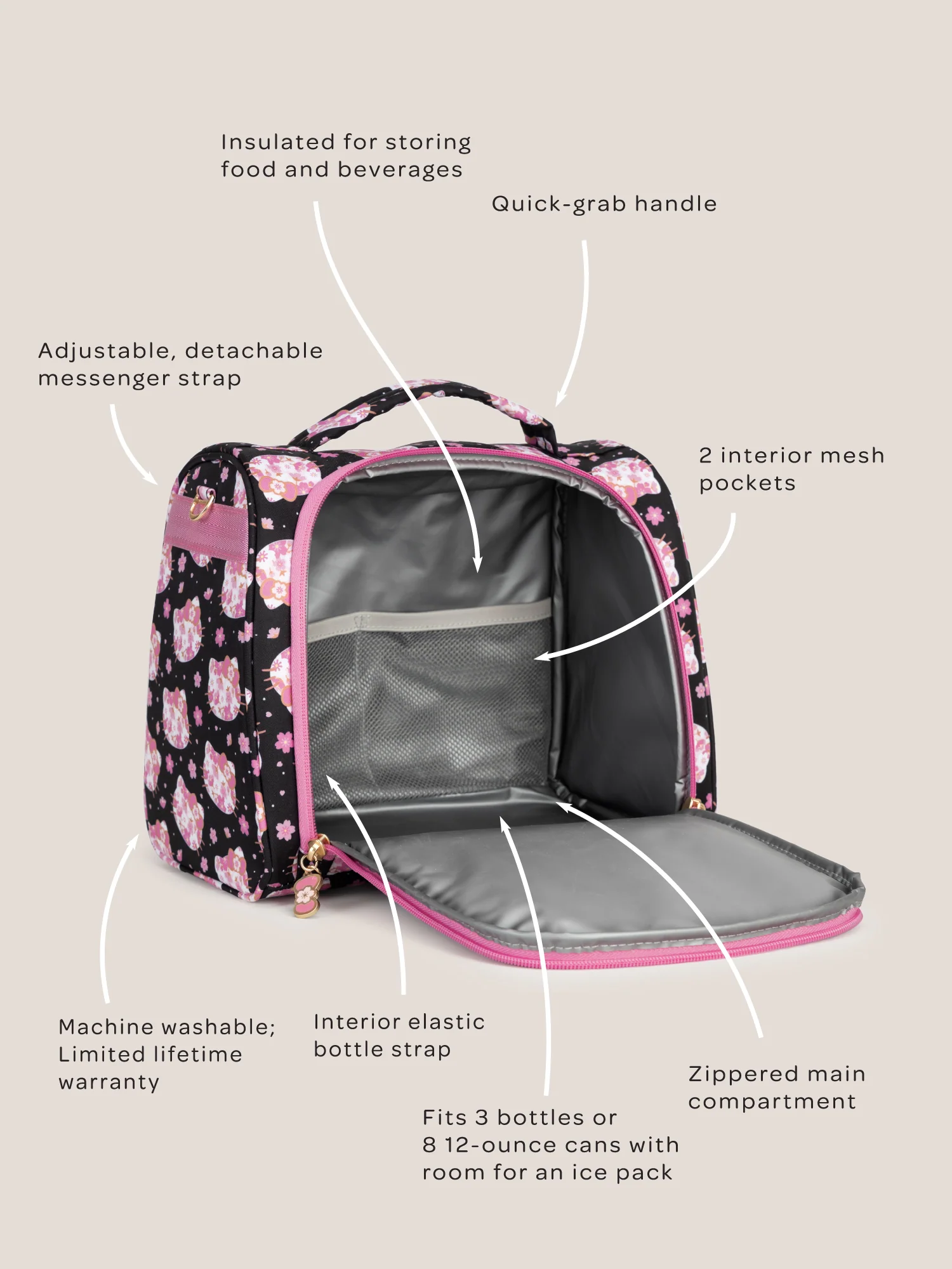 Hello Kitty® × JuJuBe Cherry Blossoms Insulated Bottle Bag – Black and Pink - Image 7